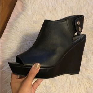 Black leather wedges